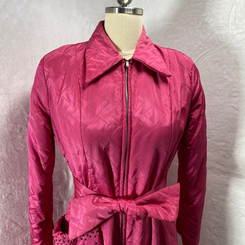 VTG MCM Hollywood Regency Quilted Zip Front Robe Loungewear Full Length Pink ***